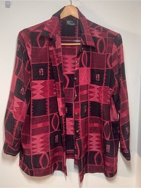 XL USA Vintage Silver Threads geometric abstract Women’s Pink &Black Button Down